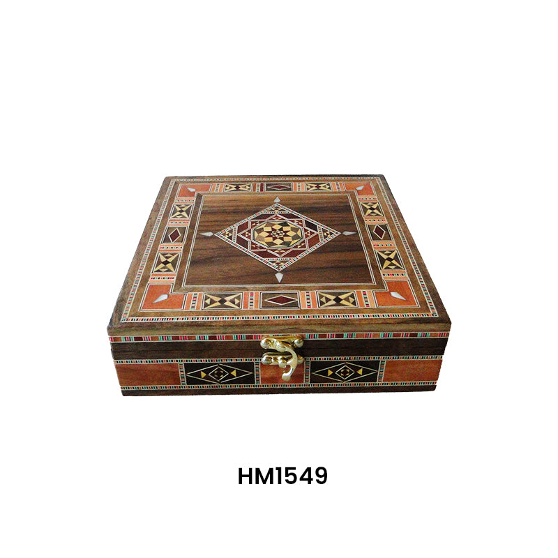 Wooden Mosaic box - handmade- Square - Mosaic Geometric Pattern - HM1549